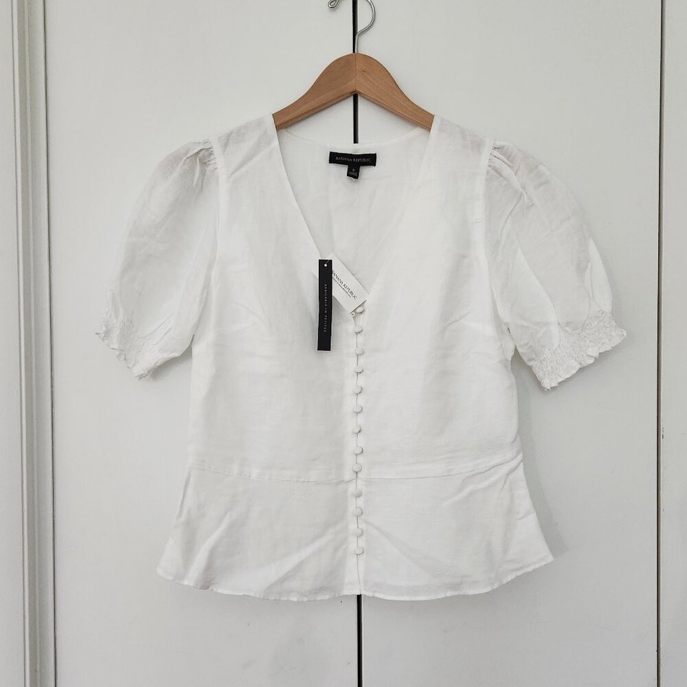 Banana Republic Puff Sleeve Covered Button Linen Blend Peplum Top White Size S